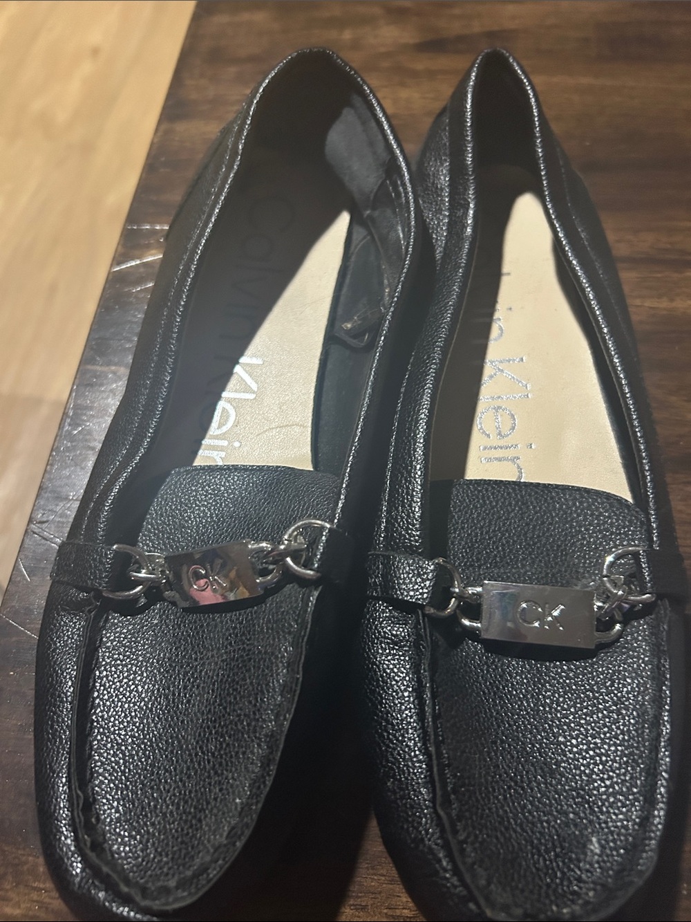 Calvin Klein Black Pebbled Leather Chain-Accent Loafers